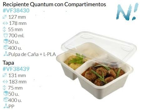 Bandeja Quantun( con tapa) De Pulpa C/Compartimentos 178X127X55 Mm 700 Ml Pack 50 Unidades