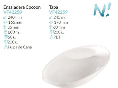 Ensaladera Cocoon con tapa PET Pulpa De Caña 240X165X85 Mm 800 Ml Pack 50 Unidades