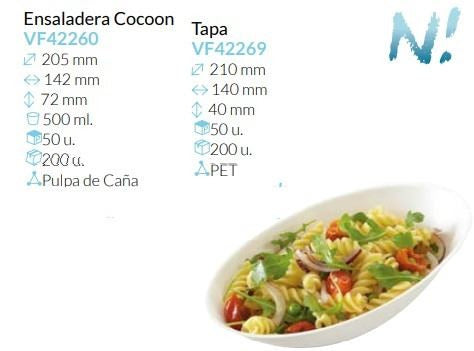 Ensaladera con tapa PET Cocoon Pulpa De Caña 205X142X72 Mm 500 Ml Pack 50 Unidades
