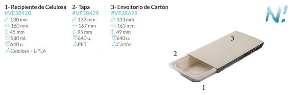 Bandeja+Tapa+envoltorio De Celulosa, Pet y Carton 160X130X45 Mm  580 Ml Caja 640 Unidades