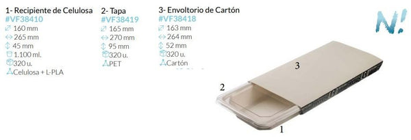 Bandeja+tapa+envoltorio De Celulosa Pet y Carton 265X160X45 Mm  1100 Ml Caja 320 Unidades