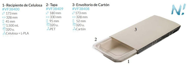 Bandeja+tapa+envoltorio De Celulosa, Pet y Carton  328X173X45 Mm  1500 Ml Caja 320 Unidades