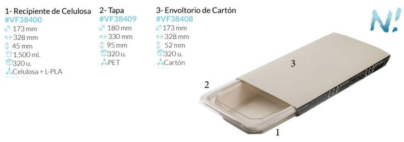 Bandeja+tapa+envoltorio De Celulosa, Pet y Carton  328X173X45 Mm  1500 Ml Caja 320 Unidades
