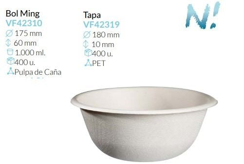 Bol Ming Pulpa De Caña Ø 175 Alto 60 Mm 1000 Ml Caja 400 Unidades