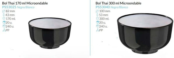 Bol Thai Negro-Blanco varios tamaños Pack 20 Unid