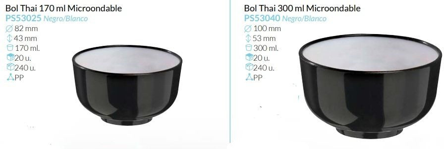 Bol Thai Negro-Blanco varios tamaños Pack 20 Unid