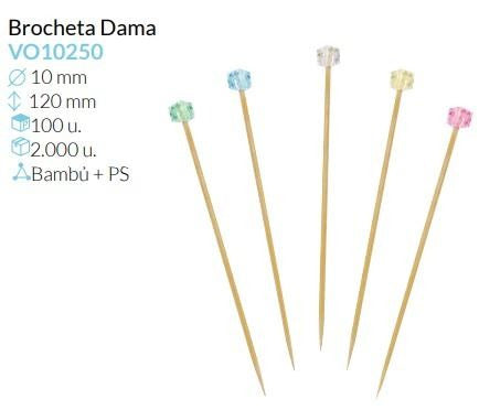Brocheta Bambu Dama 5 Colores Ø 10, Alto 120 Mm  Pack 100 Unidades