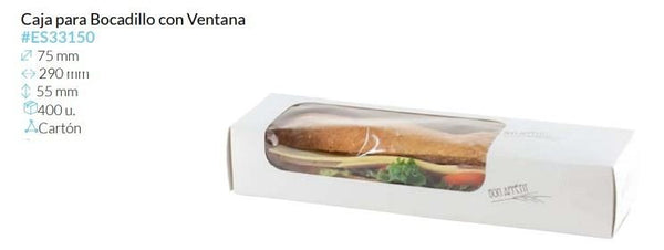 Caja Cartón Con Ventana Para Bocadillo 290X75X55 Mm Caja 400 Unidades