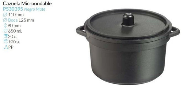 Cazuela Negra Con Tapa Ø Boca 125  Base Ø 110 Alto 90 Mm 650Ml Pack 20 Unid