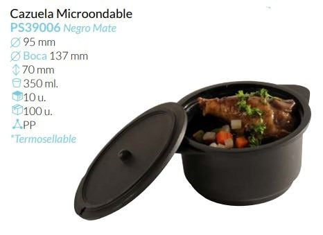 Cazuela Negra Con Tapa Ø Boca 137  Base Ø 95 Alto 70 Mm 350Ml Microondable Y Termosellable Pack 10 Unid