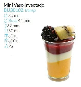 Mini Vaso Inyect Tte Boca Ø 44 Base Ø 30 Alto 62 Mm Cap. 50 Ml. Pack 60 Unid