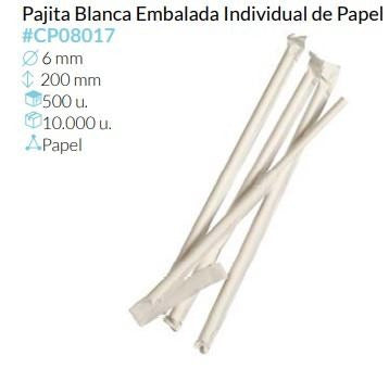 Pajita Blanca De Papel Envase Individual 200 Ø 6 Mm Pack 500 Unid