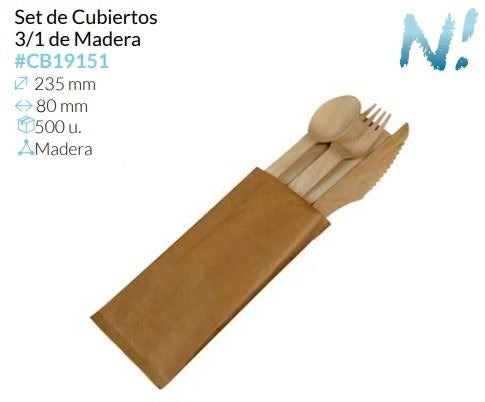 Set Cubiertos De Madera 3/1 235X80 Mm Caja 50 Unidades